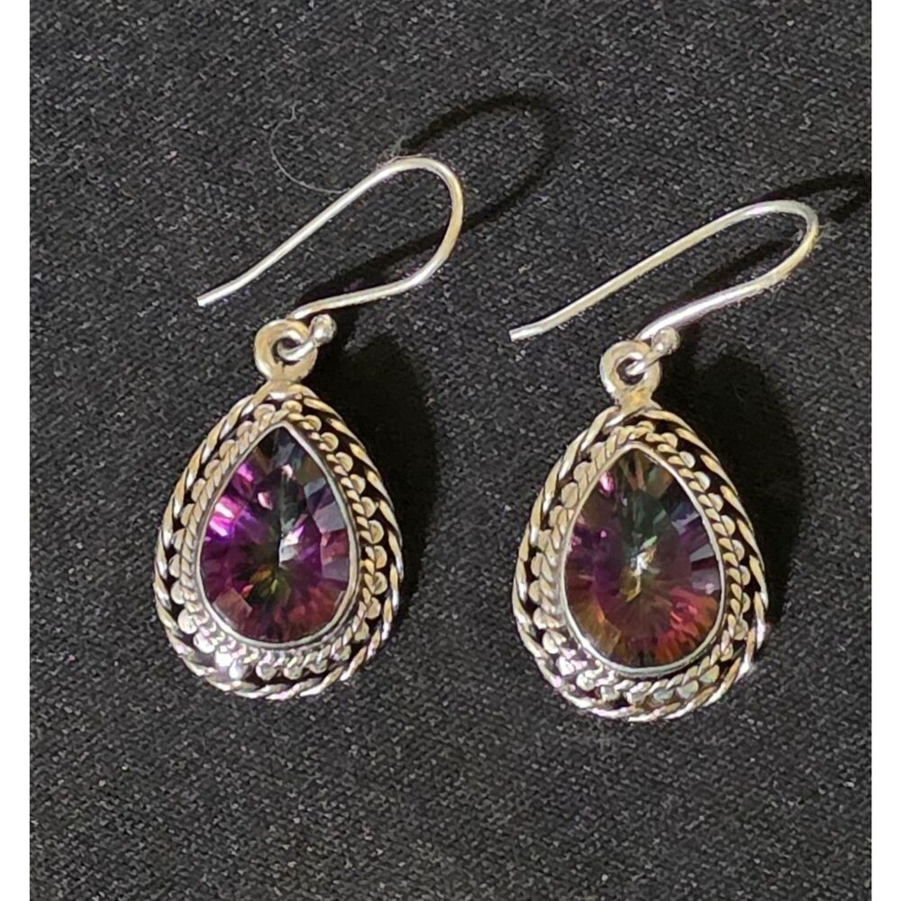 Vintage 925 Sterling Silver Mystic Topaz Teardrop Dangle Earrings Rainbow Boho